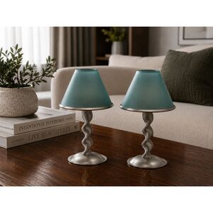 Set of 2 Teal Frosted Glass Tea Light Holders Polished Pewter Nickel 9" Tall New